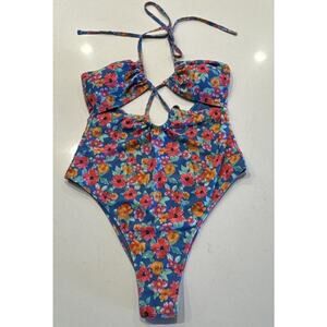 Lulu’s One Piece Swimsuit Size Medium Cove Cutie Blue Floral Print Cutout Sexy